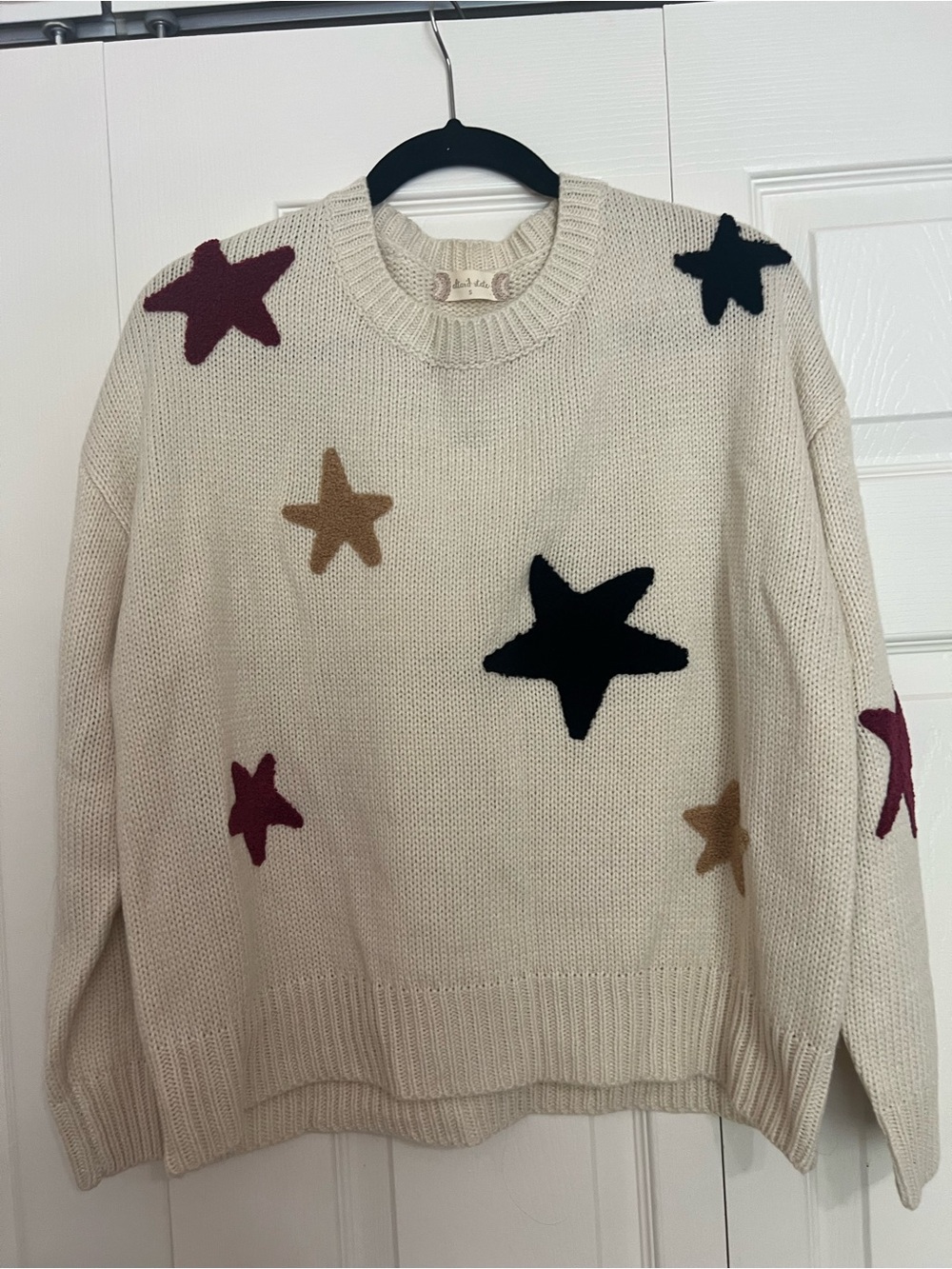 Altar'd State Cream Crewneck Sweater with Star Appliqués